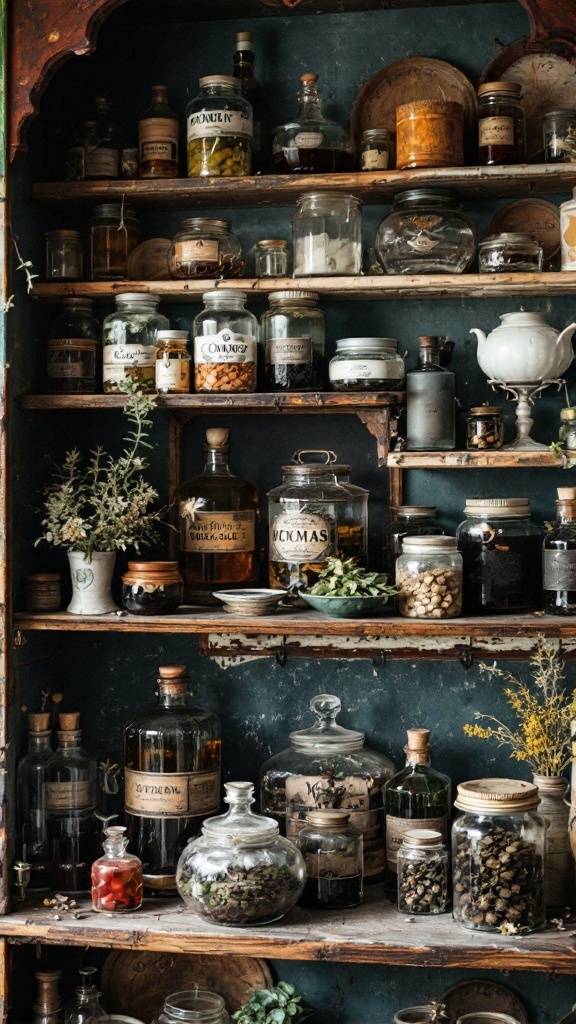 A collection of vintage spell jars arranged on wooden shelves, filled with herbs, potions, and decorative items.