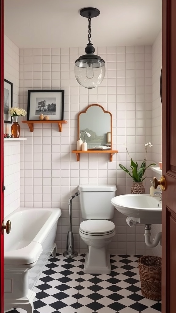 A vintage-style bathroom featuring checkerboard tiles in black and white, a clawfoot bathtub, and wooden accents.