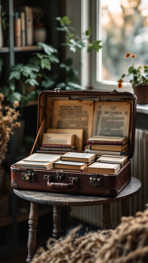 A vintage suitcase opened to display a collection of books, placed on a wooden table with plants in the background.