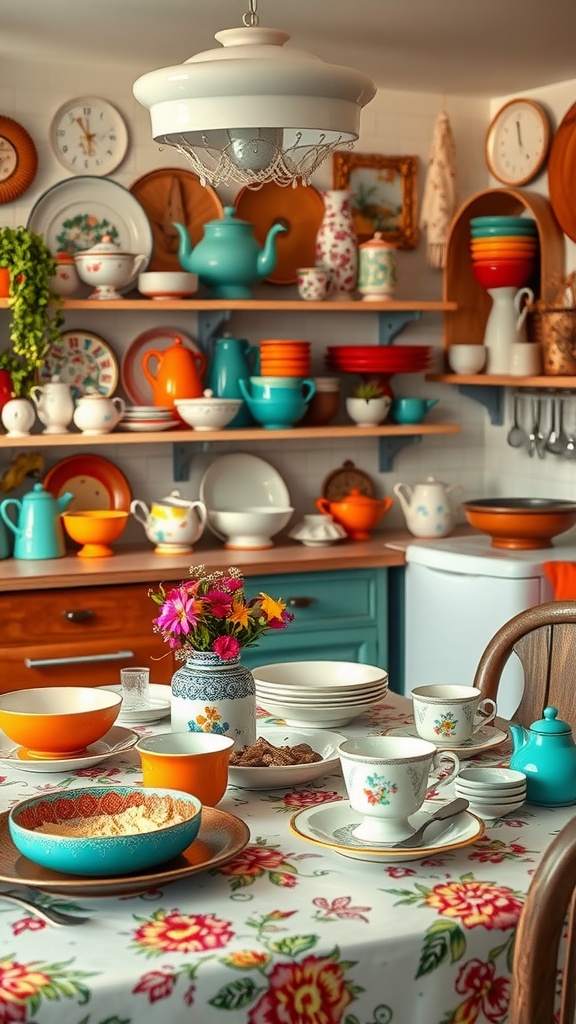 A cozy kitchen with vintage tableware displayed on shelves, featuring colorful bowls, teacups, and a floral tablecloth.