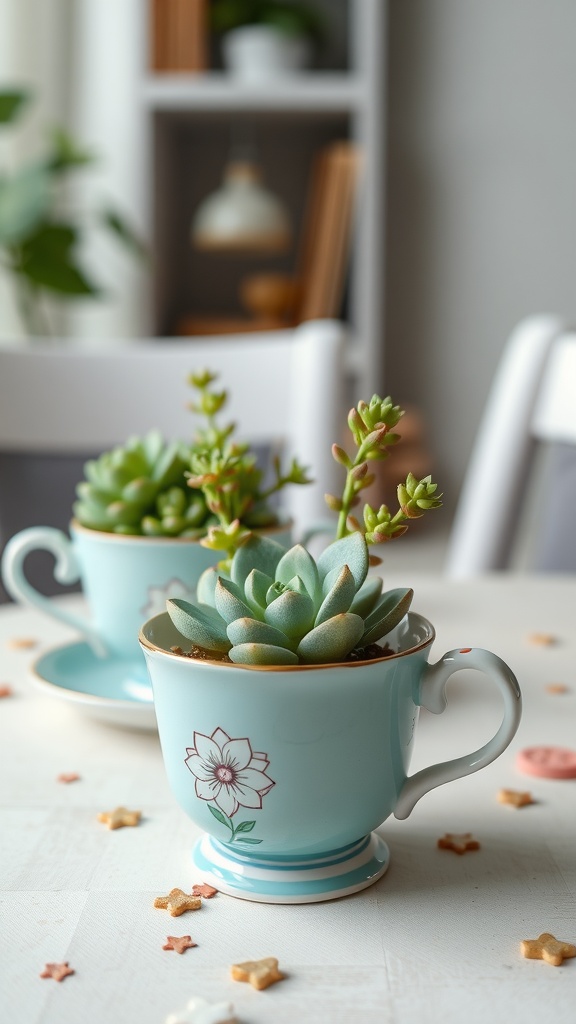 Vintage teacups with succulents arranged on a table.