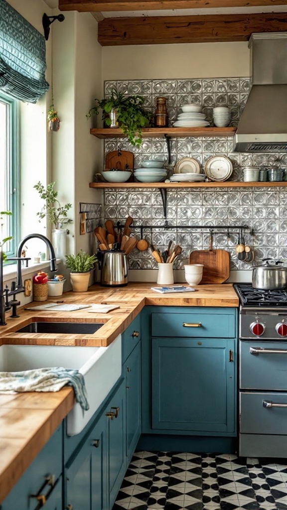 A cozy kitchen featuring vintage tin panels on the wall, with blue cabinetry and wooden countertops.