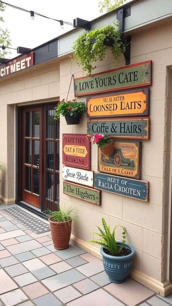 A collection of colorful vintage wooden signs hanging on a wall, surrounded by plants and a welcoming patio area.