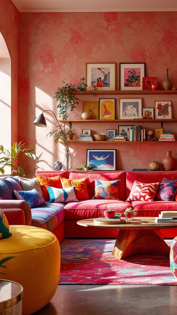 A colorful living room featuring a red sectional sofa with various patterned pillows, a wooden coffee table, and bright decor.