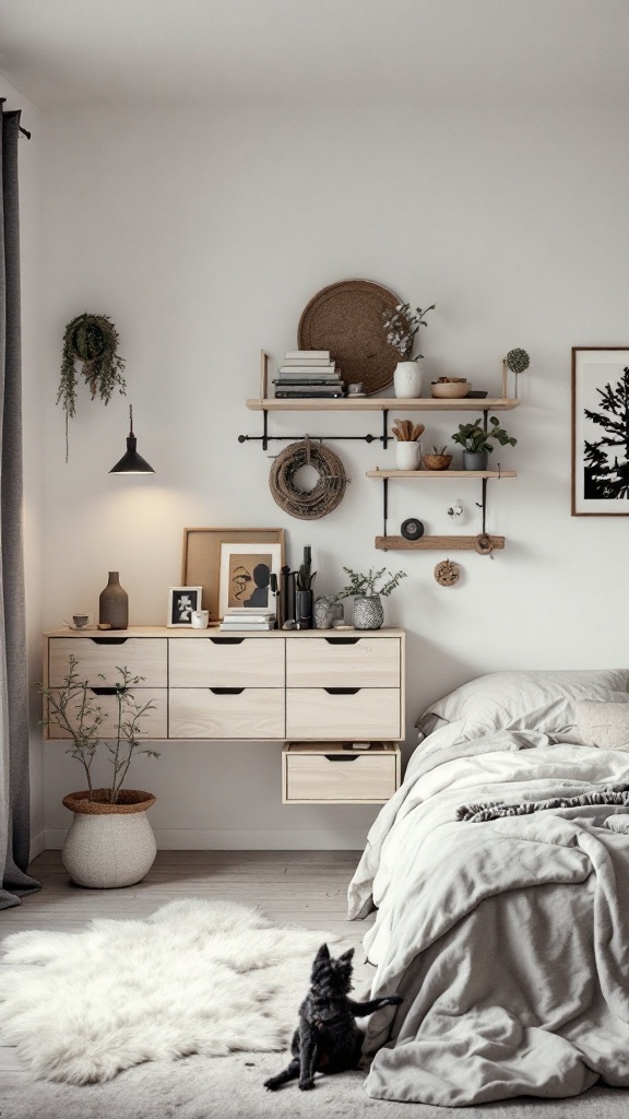 A Scandinavian bedroom featuring wall-mounted storage with shelves, plants, and a light fixture.