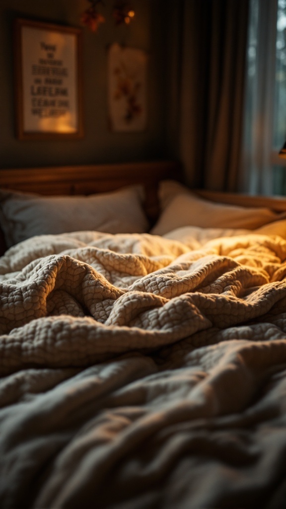 A cozy bed with warm blankets and comforters, inviting relaxation for fall nights.