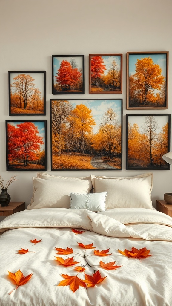 A cozy bedroom with warm colored artwork of autumn trees displayed on the wall.