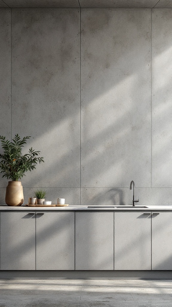 A modern kitchen featuring warm gray concrete walls and a sleek countertop with plants and dishware.