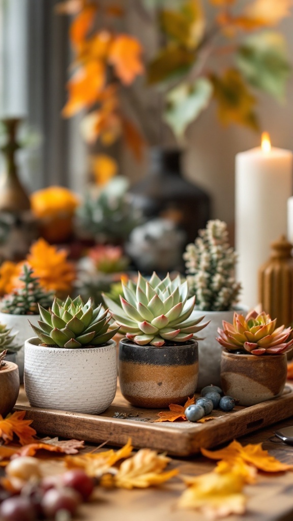 A collection of warm-hued succulents in earthy pots, surrounded by autumn leaves and decorative items.