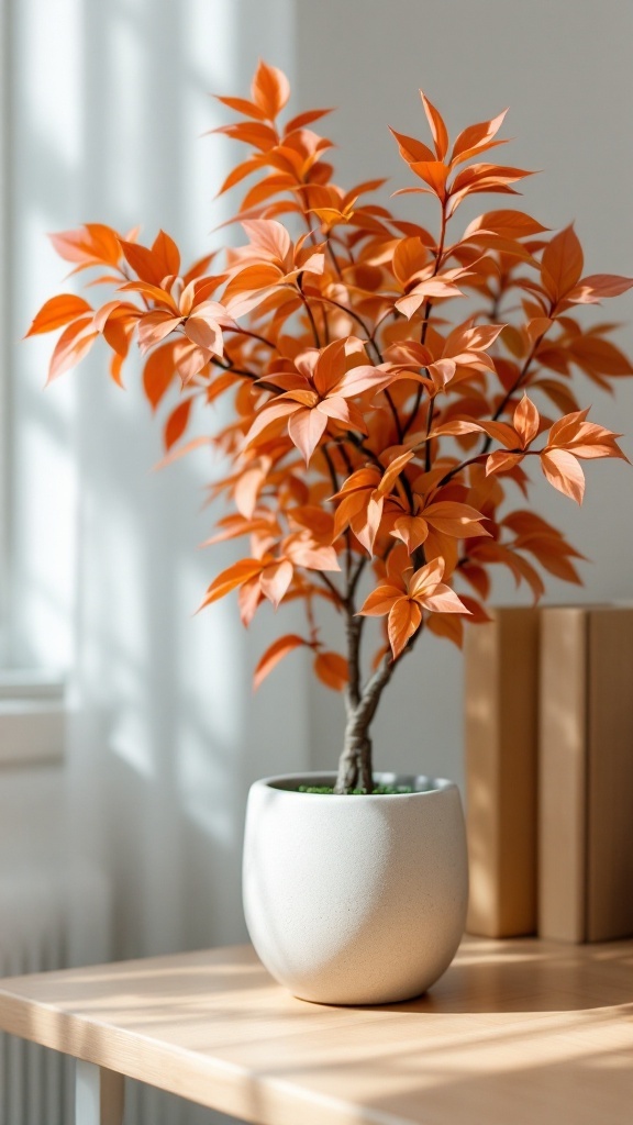 A Chinese Evergreen plant with vibrant orange leaves in a modern pot on a wooden table.