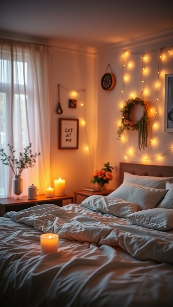 Cozy bedroom with warm lighting from candles and string lights