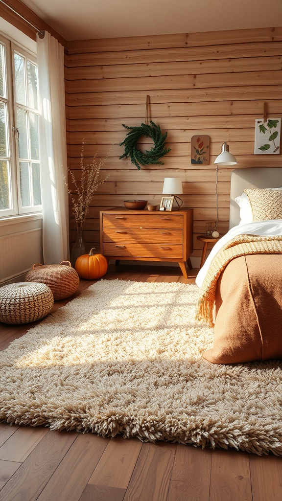 Cozy fall bedroom with warm rugs and rustic wood furniture.