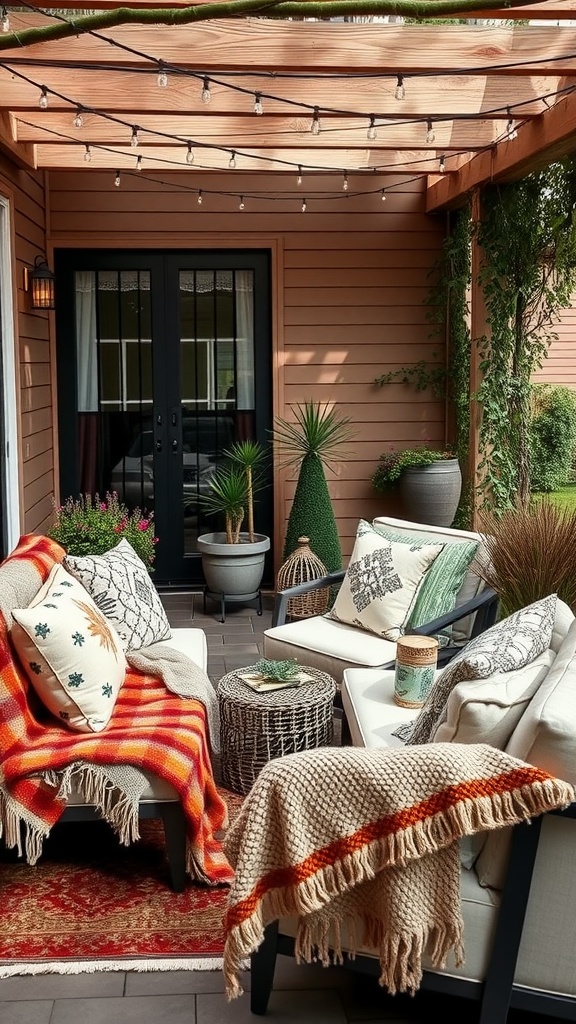 A cozy patio with warm textiles including throws and pillows, creating a comfortable outdoor space.