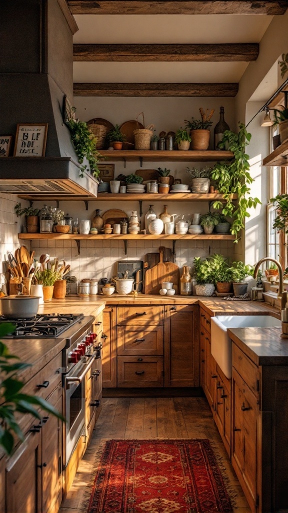 A cozy farmhouse kitchen with rustic wood accents, open shelving, and warm lighting.