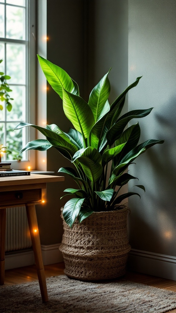 A healthy snake plant in a woven basket beside a wooden desk in a cozy home office setting.