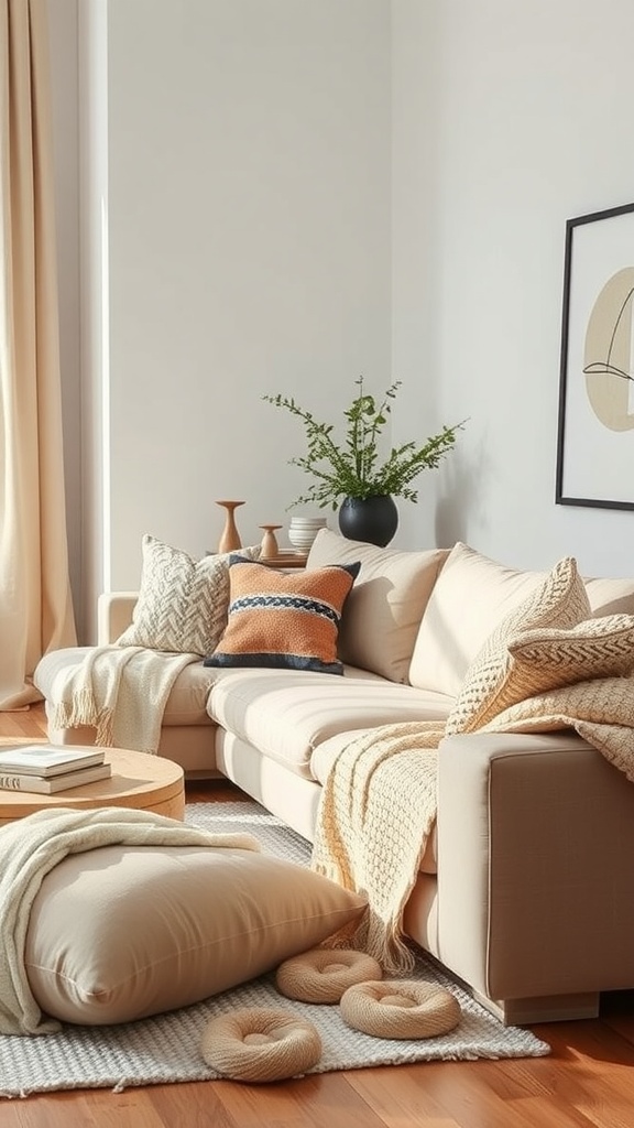 A modern minimal neutral living room with soft textiles and warm tones.