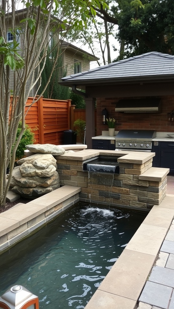 Outdoor kitchen with a water feature and central bar area