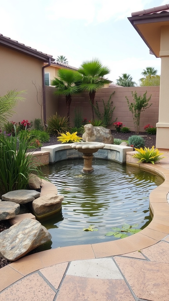 A serene patio with a small fountain surrounded by lush plants and flowers