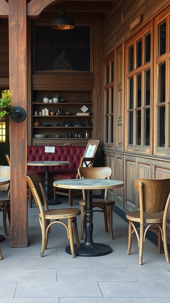 A cozy patio setting with weathered wood accents and vintage seating.