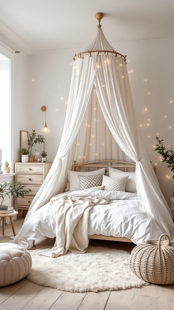 A cozy Scandinavian bedroom with a whimsical canopy bed, decorated with soft drapes and warm lighting.