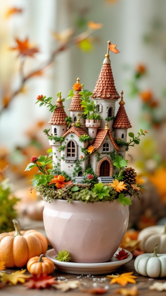 A whimsical fairy castle plant in a pink pot, surrounded by autumn leaves and pumpkins.