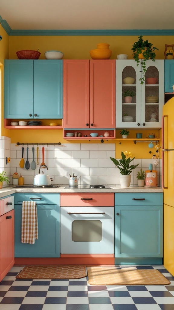 A colorful kitchen with pastel blue and pink cabinets, showcasing a cheerful retro style.