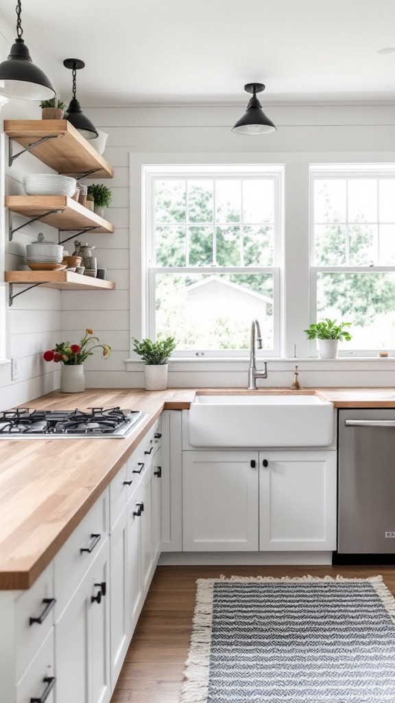 A modern kitchen featuring a white shiplap backsplash with wooden shelves and a farmhouse sink.