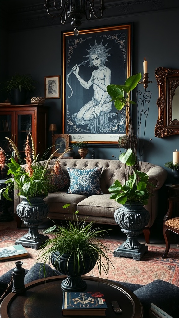 Gothic living room with ornate planters and wild plants.