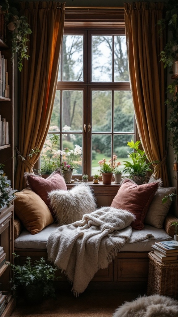 A cozy reading nook by a window, featuring soft pillows, a blanket, and plants.