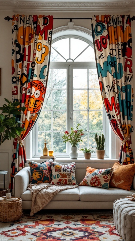 A vibrant living room featuring colorful curtains with letters and shapes, complementing cushions on a cozy sofa.