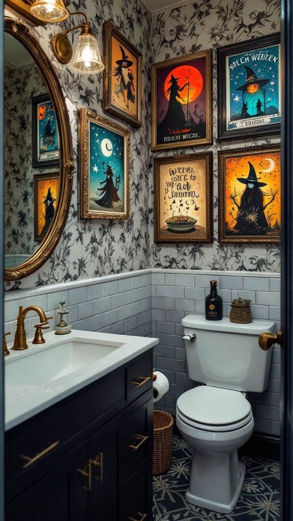 A bathroom with witch-themed artwork on the walls, showcasing colorful framed prints of witches and mystical imagery.