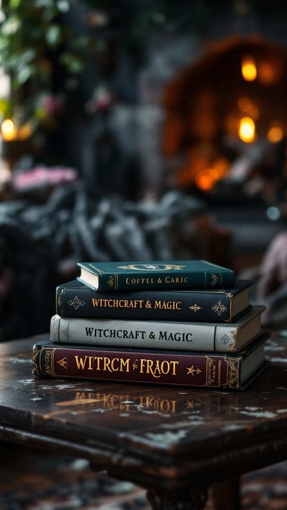 A cozy coffee table with stacked books on witchcraft and magic.