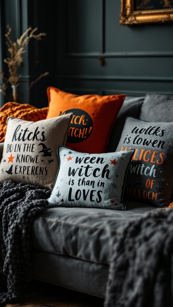 A collection of witch-themed pillows with various texts on a couch.