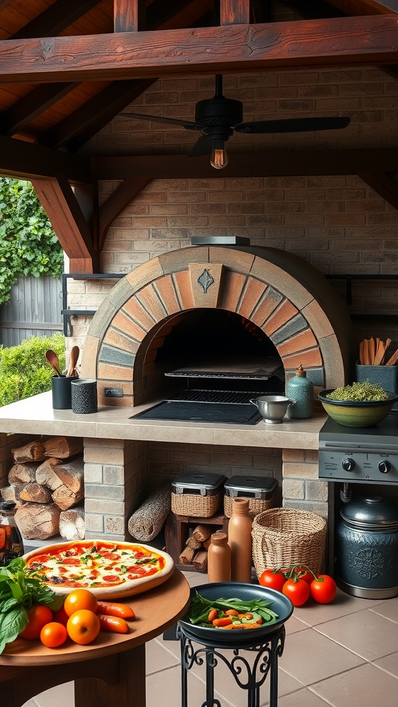 A rustic wood-fired pizza oven with various ingredients and a pizza on a table nearby.