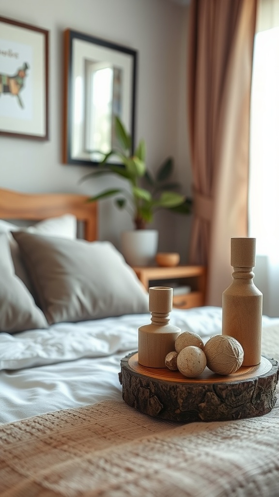 Cozy fall bedroom with wooden decor and accents.