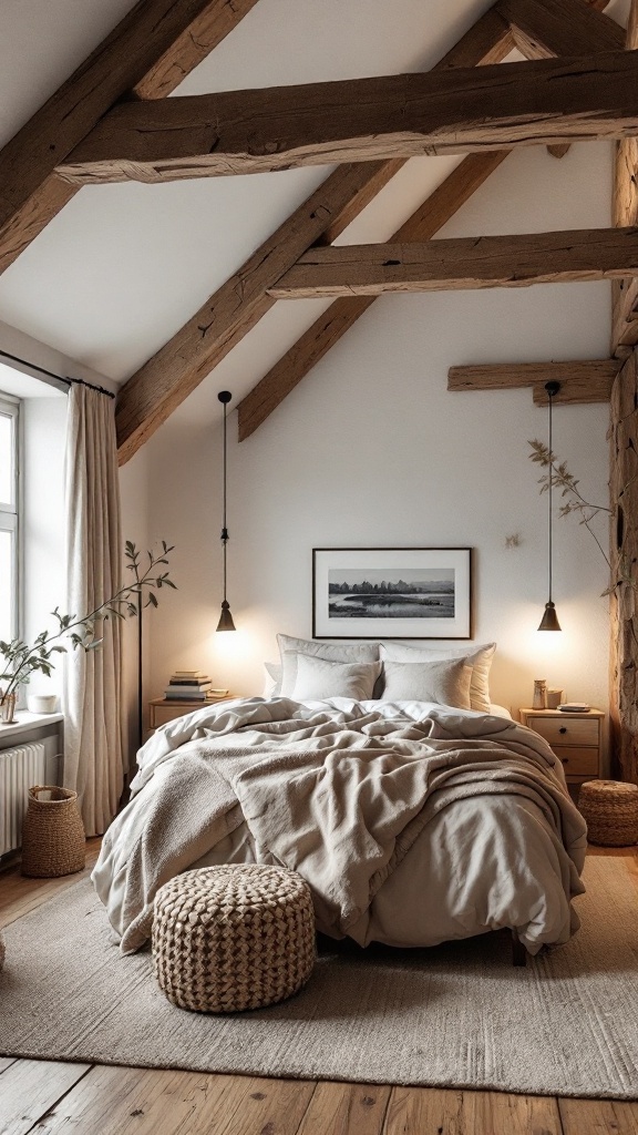 Scandinavian bedroom featuring wooden beams and cozy decor