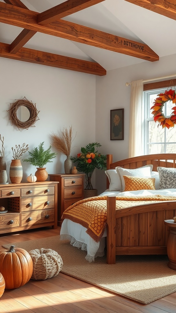 A cozy fall bedroom featuring wooden furniture, warm colors, and seasonal decor.