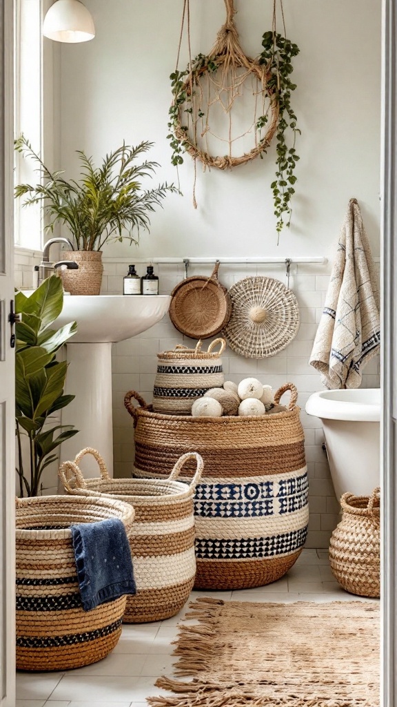 A boho-inspired bathroom with woven baskets of various sizes, plants, and a cozy decor.