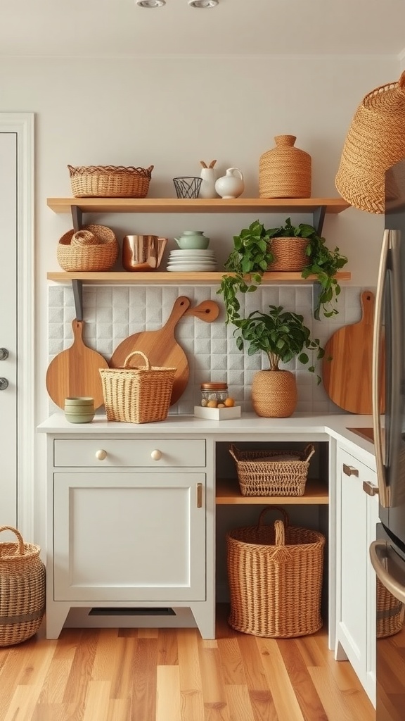 A boho kitchen with woven baskets for storage on shelves.