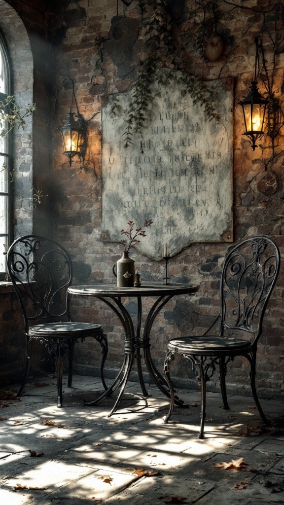 Wrought iron table and chairs in a dimly lit room with brick walls and decorative lanterns.