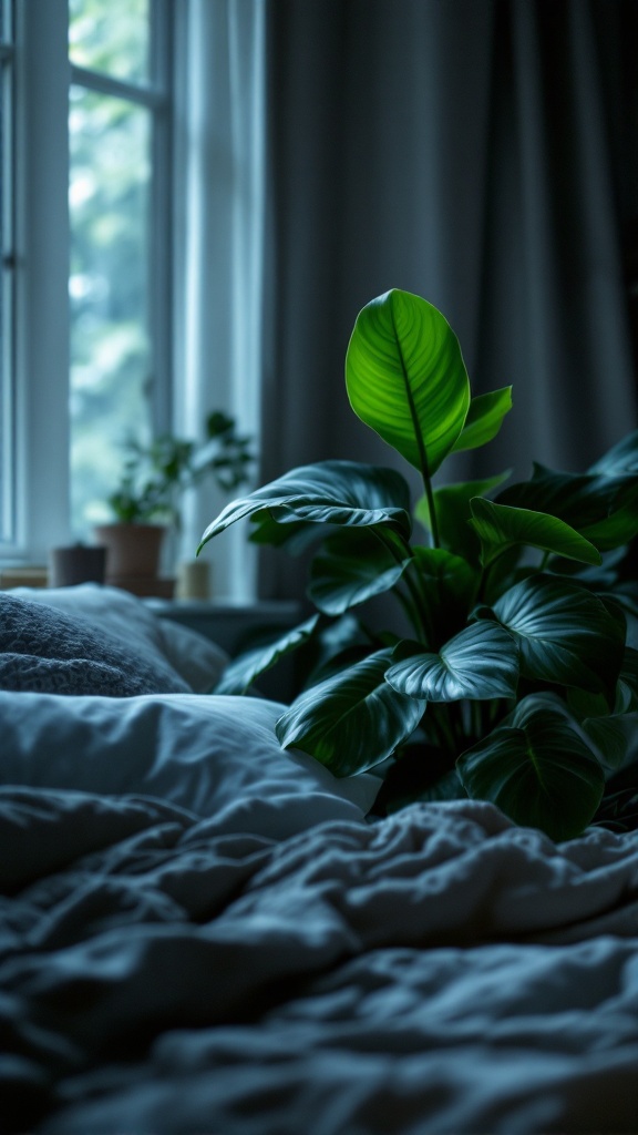 A ZZ plant with lush green leaves sitting beside a bed, illuminated by natural light from a window.