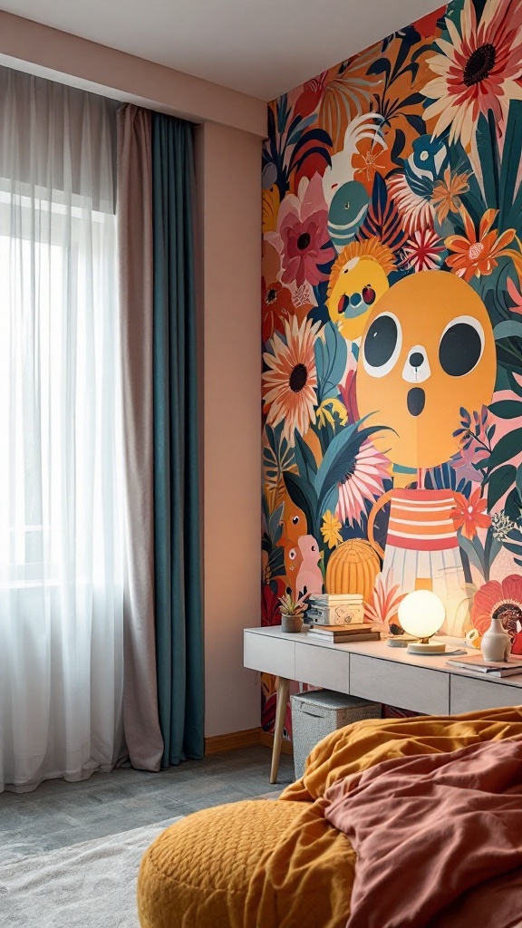 Bright feature wall with colorful floral and animal wallpaper in a small bedroom.