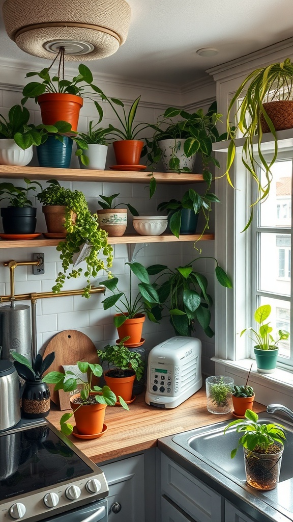 A cozy kitchen filled with various indoor plants on shelves and countertops.