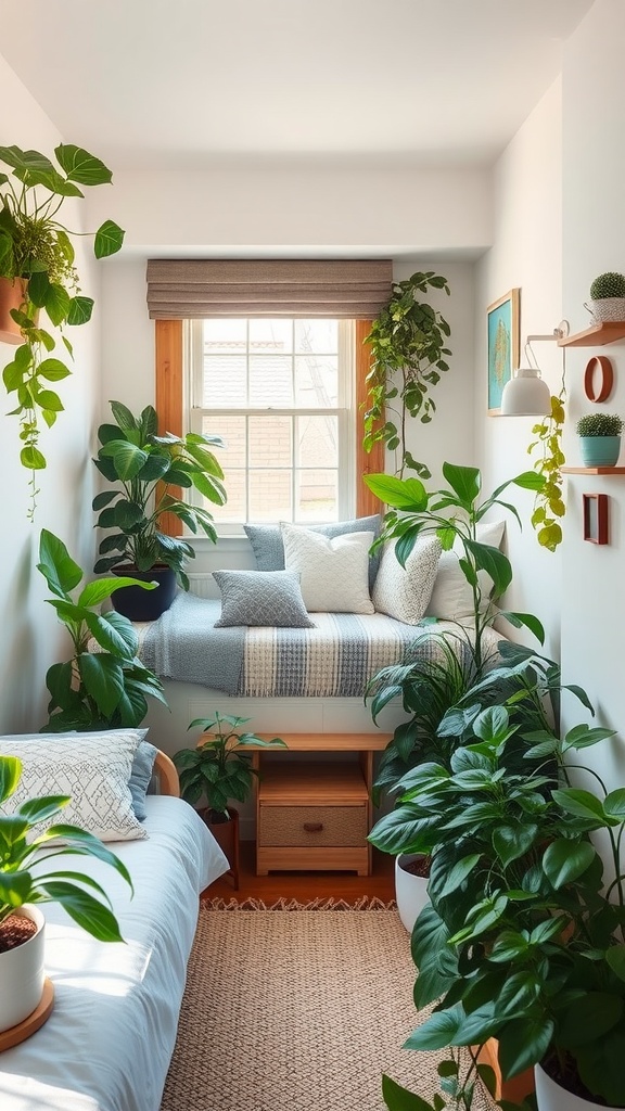 A cozy narrow bedroom filled with various plants, showcasing a blend of greenery and soft furnishings.