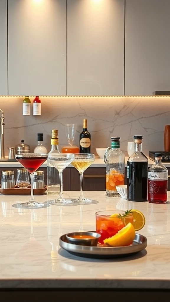 Stylish bar tools and drinks on a kitchen countertop