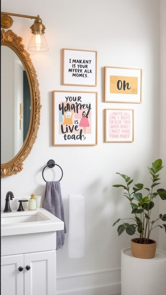 A bathroom featuring framed art prints on the wall, a decorative mirror, and a plant.