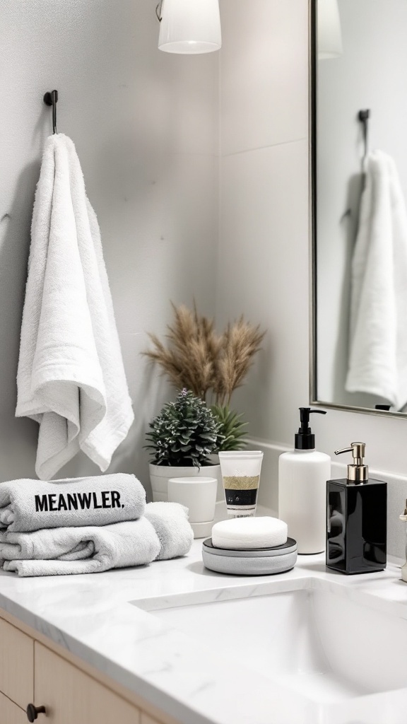 A modern bathroom with neatly arranged towels, a plant, and stylish accessories.