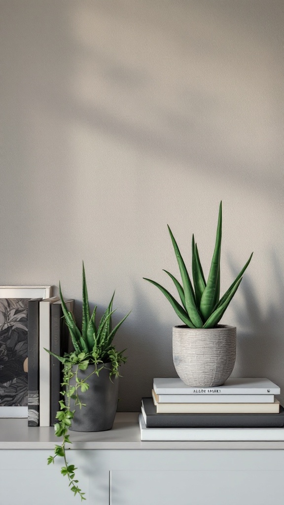 Two Aloe Vera plants in stylish pots placed on a shelf with books.