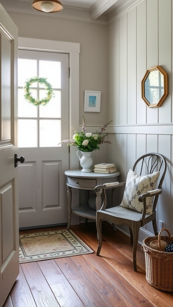 A cozy entryway with antique furniture, featuring a small table, a chair, and a welcoming decor.