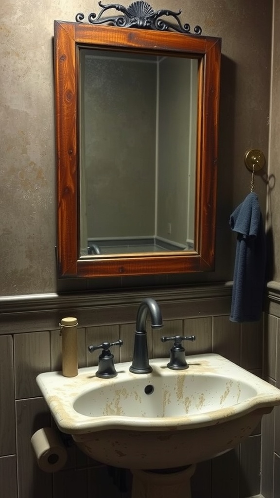 Antique mirror with a wooden frame hanging above a vintage sink in a rustic wet room.